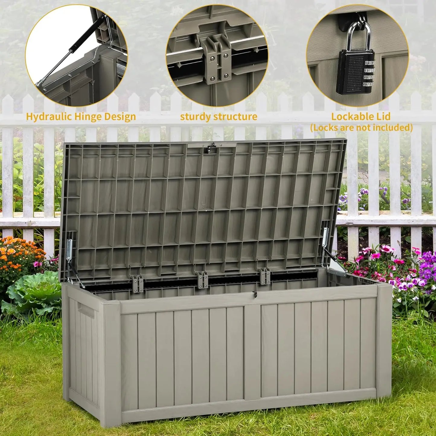 120 Gallon Large Deck Box Outdoor Storage Box, Lockable Outside Storage Bin for Gardening Tools, Patio Cushions, Waterproof and