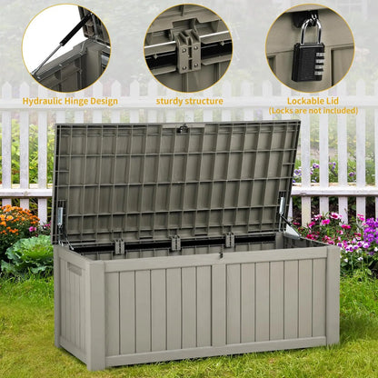 120 Gallon Large Deck Box Outdoor Storage Box, Lockable Outside Storage Bin for Gardening Tools, Patio Cushions, Waterproof and