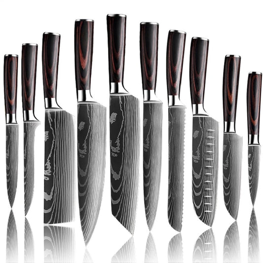 1-10Pcs Chef Knives, Japanese Santoku Kitchen Knives Set, Includes Sharp Cleaver, Slicing Utility Knife , Choice of Sets