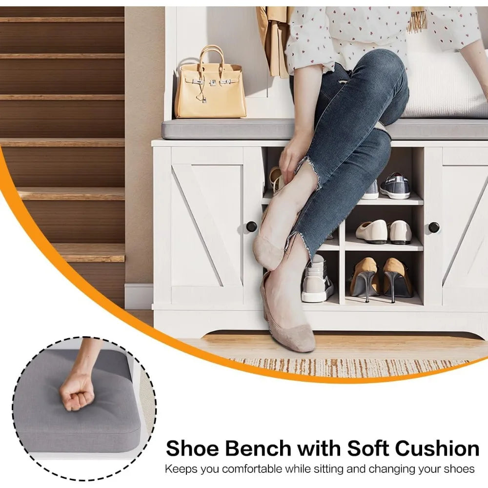 Starjoy 71" Hall Tree With Cushioned Bench, Shelves And Shoe Storage