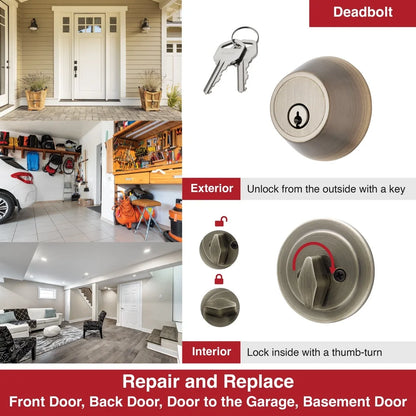 Antique Brass Keyed Entry Deadbolt Door, Easy Installation, Security, Knob Reversible Design