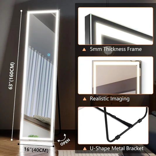 Stand Up Full Length Mirror, Free Standing Floor Mirror, Full Body Lighted Mirror, 3 Color Lighting (63"x16", Black)