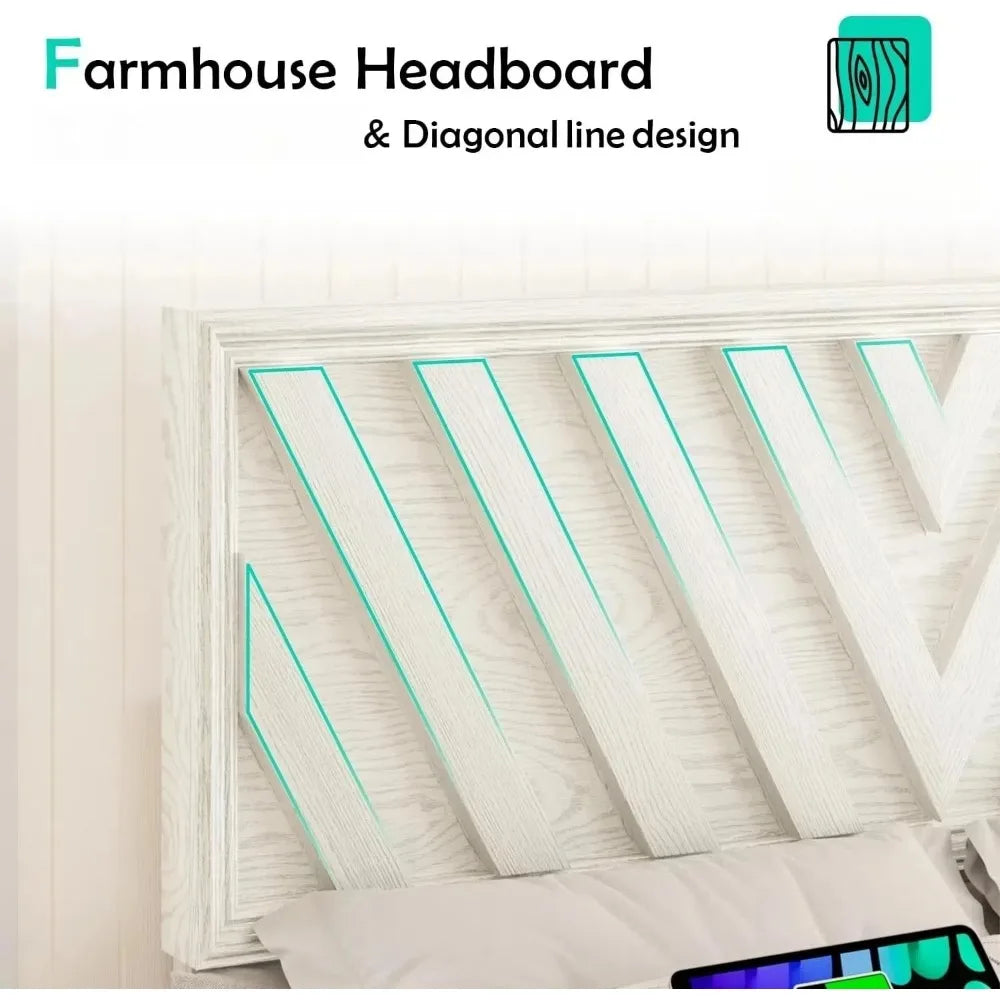 Queen or Full Bed with Adjustable Headboard, Farmhouse Platform Bed Wood with LED Light and Charging Station, 2 Color Choices