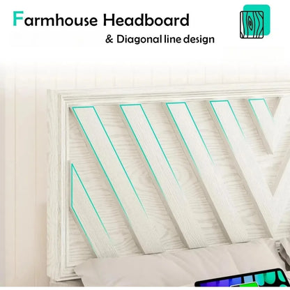 Queen or Full Bed with Adjustable Headboard, Farmhouse Platform Bed Wood with LED Light and Charging Station, 2 Color Choices