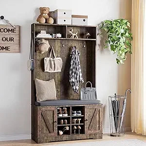 Starjoy 71" Hall Tree With Cushioned Bench, Shelves And Shoe Storage