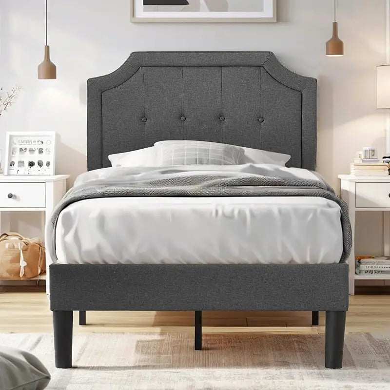 Queen, Full or Twin  Size Platform Bed Frame with Fabric Upholstered Headboard and Wooden Slats Support, No Box Spring Needed/Assembly,