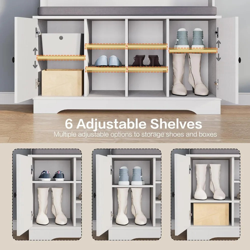 Starjoy 71" Hall Tree With Cushioned Bench, Shelves And Shoe Storage