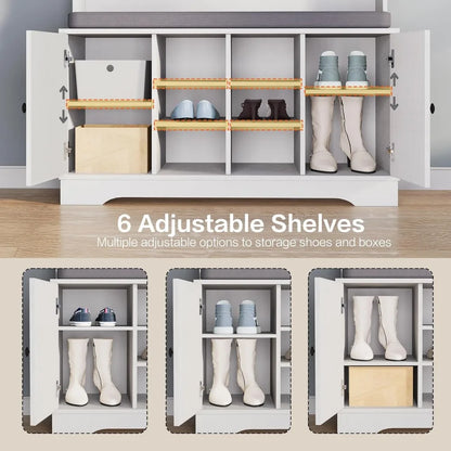 Starjoy 71" Hall Tree With Cushioned Bench, Shelves And Shoe Storage