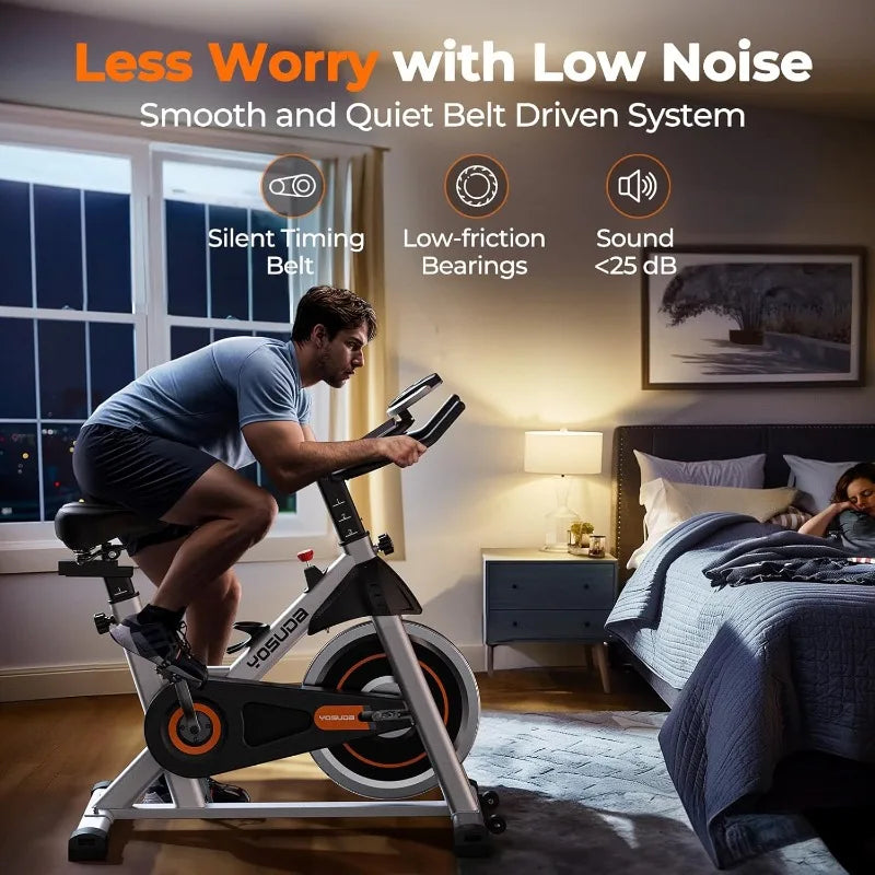Indoor Cycling Bike, Brake Pad/Magnetic Stationary Bike - with Tablet Mount & Comfortable Seat Cushion