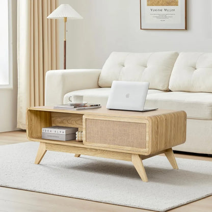 Modern Coffee Table with Sliding Linen Door Panel And Storage