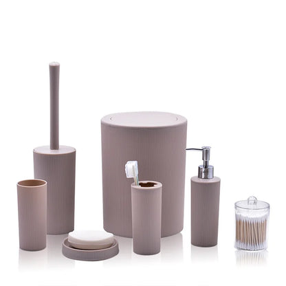 7pcs/set Modern Plastic Bathroom Accessories Set ,with Soap Dish, Toothbrush Holder, Dispenser, Toilet Brush, Trash can, Q-tip holder, Cup