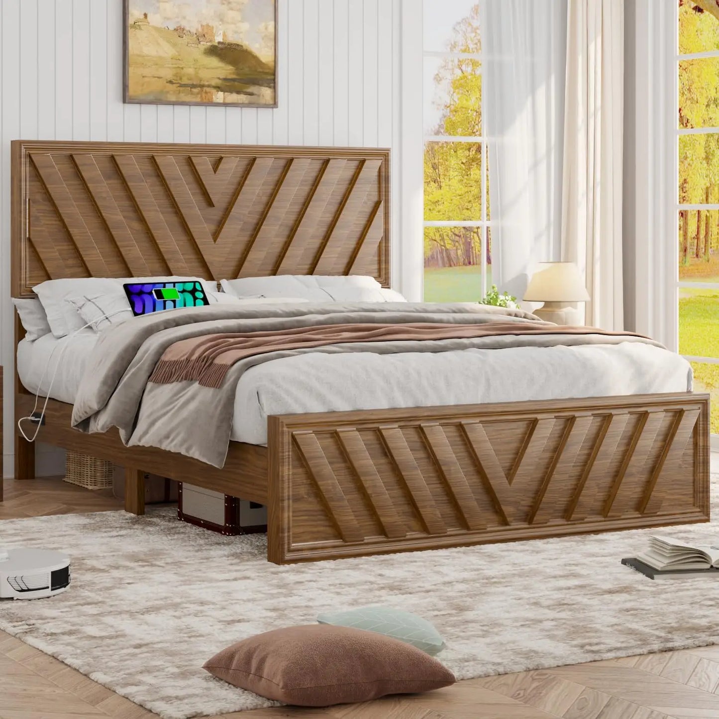 Queen or Full Bed with Adjustable Headboard, Farmhouse Platform Bed Wood with LED Light and Charging Station, 2 Color Choices