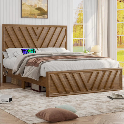 Queen or Full Bed with Adjustable Headboard, Farmhouse Platform Bed Wood with LED Light and Charging Station, 2 Color Choices