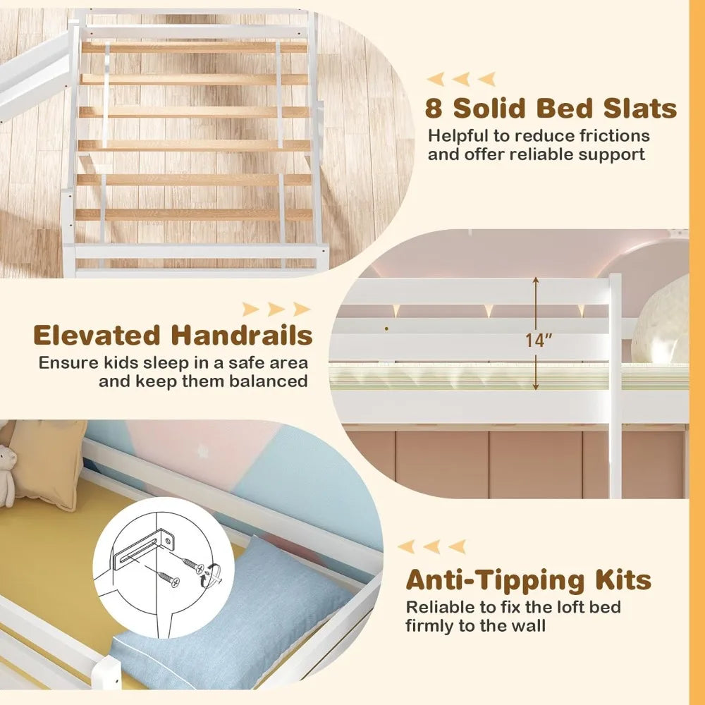 Wooden Twin Size Kids Loft Bed with Slide, Climbing Ladder, and Storage for Toddlers and Girls, White