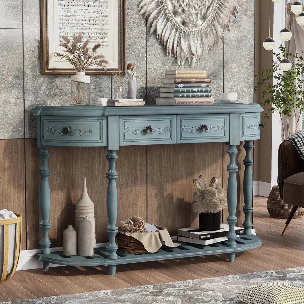 Retro Circular Curved Console Table with 4 Drawers and Bottom Shelf