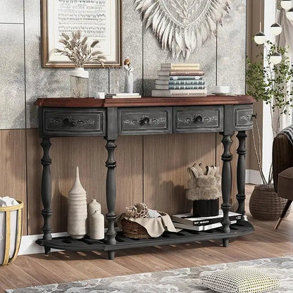 Retro Circular Curved Console Table with 4 Drawers and Bottom Shelf