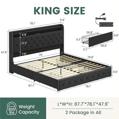 King Size Bed Frame: 4-Drawer, Velvet Platform with LED Lights & USB-C Charging - Tufted Upholstered Headboard