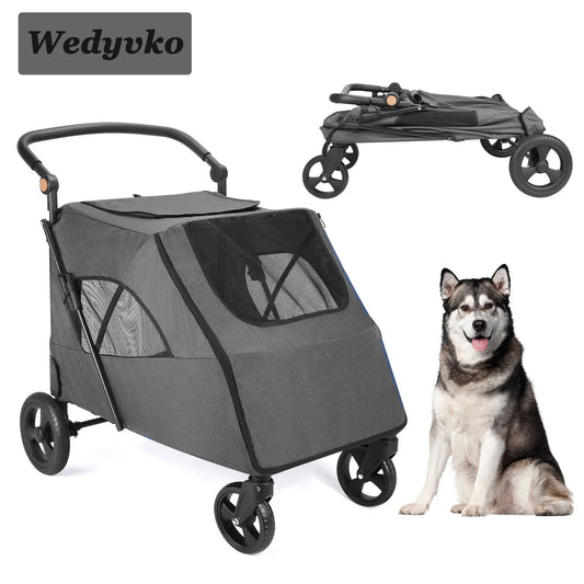 360° Swivel Breathable Pet Stroller-4 Wheels Rotate, Brakes, Height-Adjustable for Medium, Large Dogs