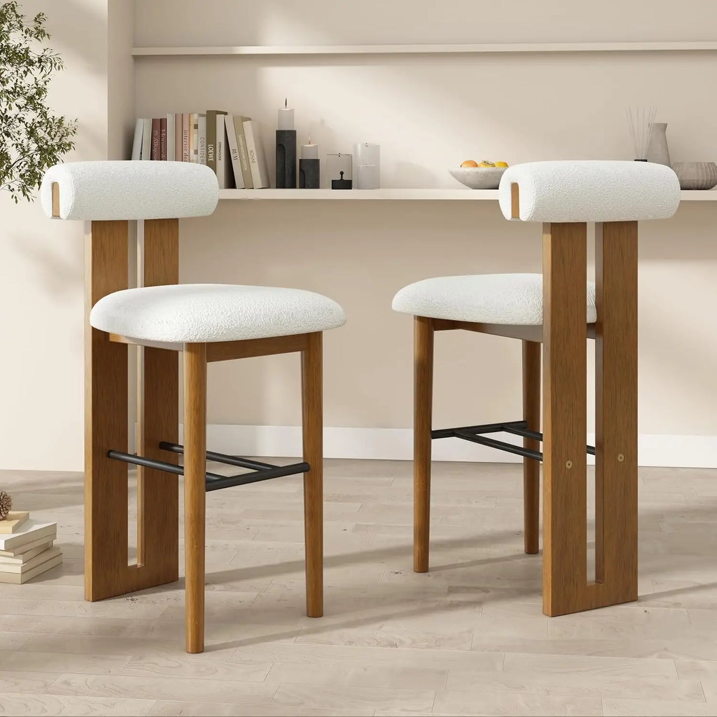 Set of 2 Wood Upholstered Barstools with Cloud-Top Backrest