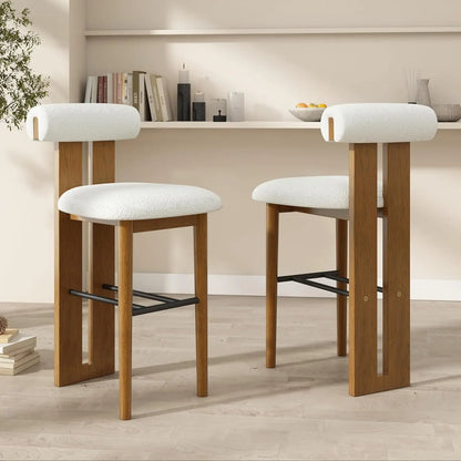 Set of 2 Wood Upholstered Barstools with Cloud-Top Backrest