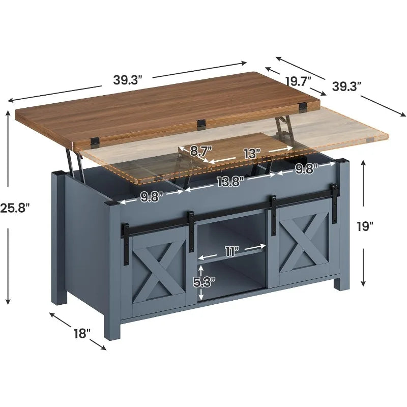 Farmhouse Lift Top Coffee Table, Blue with Woodgrain Top, and Storage
