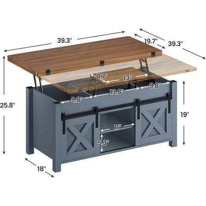 Farmhouse Lift Top Coffee Table, Blue with Woodgrain Top, and Storage