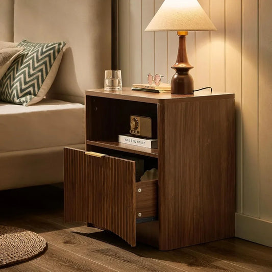 Set of 2 Fluted wood Walnut or Natural Oak Nightstands with Drawer, or mid Century Modern Large Storage End Tables for Living Room