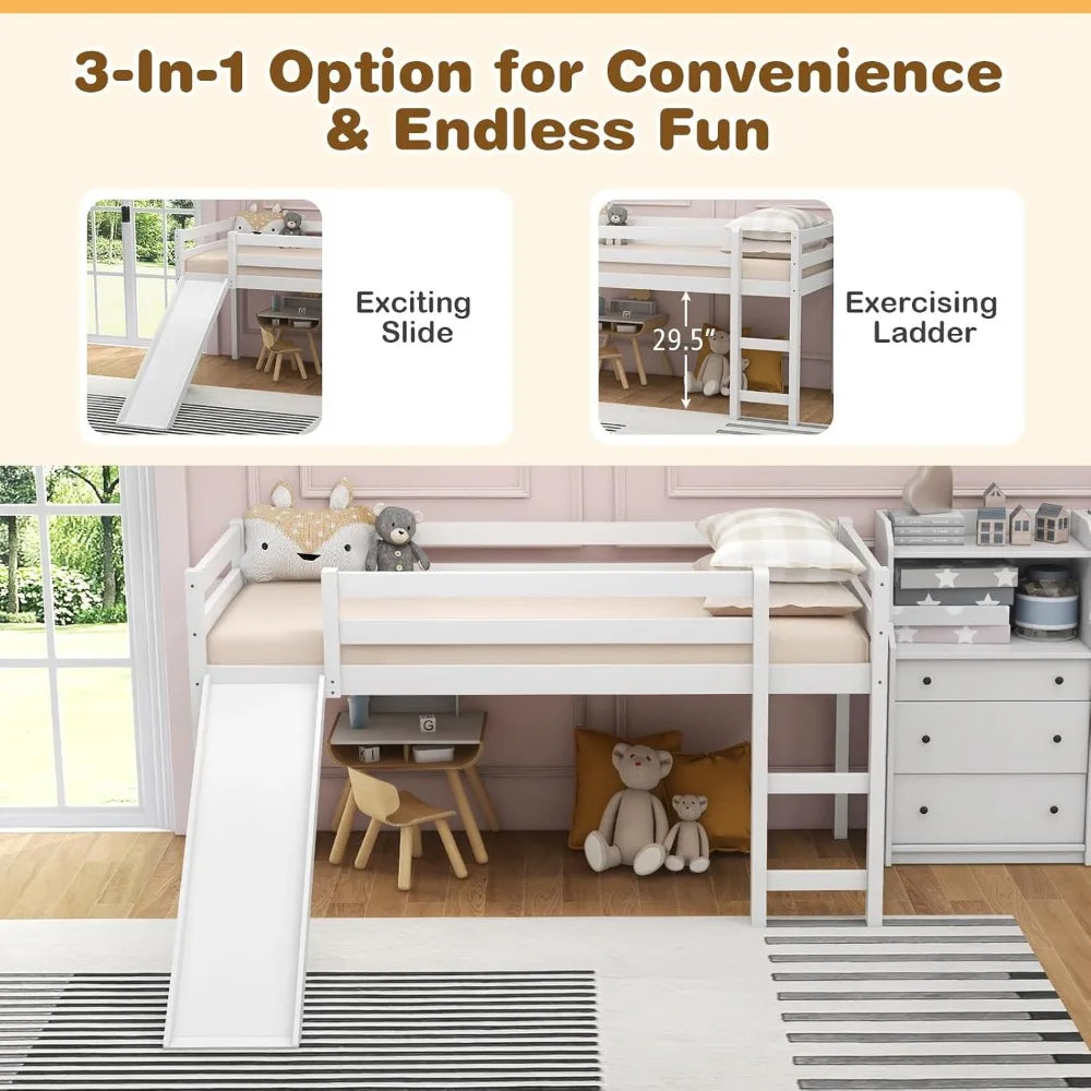 Wooden Twin Size Kids Loft Bed with Slide, Climbing Ladder, and Storage for Toddlers and Girls, White