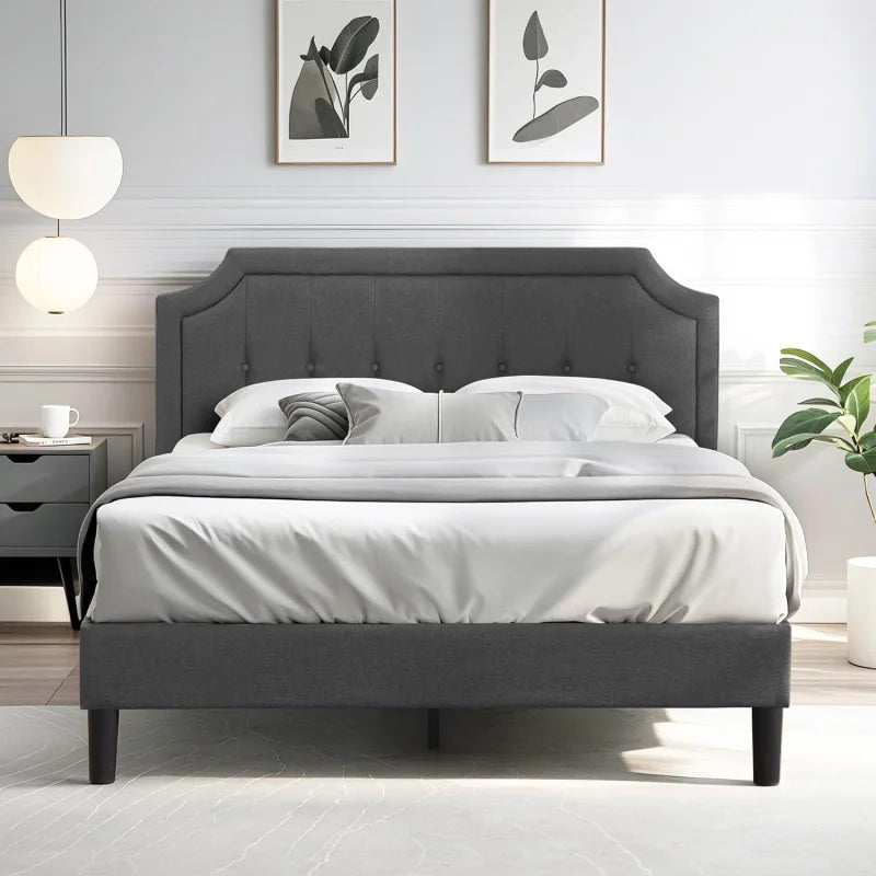 Queen, Full or Twin  Size Platform Bed Frame with Fabric Upholstered Headboard and Wooden Slats Support, No Box Spring Needed/Assembly,