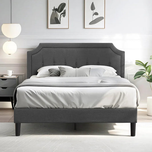 Queen, Full or Twin  Size Platform Bed Frame with Fabric Upholstered Headboard and Wooden Slats Support, No Box Spring Needed/Assembly,