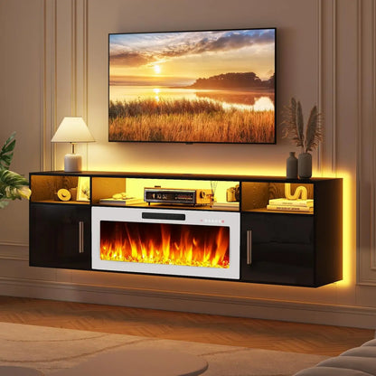 Floating Fireplace TV Stand 70'' ,  with LED Lights and Remote