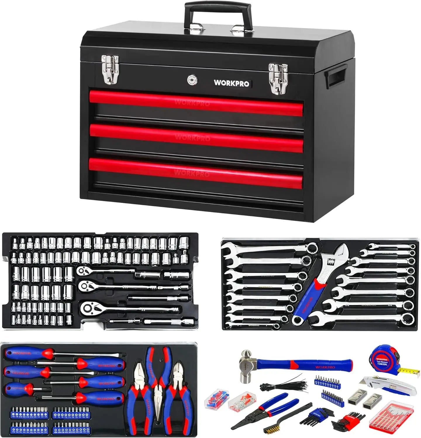 408-Piece Mechanics Tool Set, General Household Home Repair Tool Kit with 3-Drawer Heavy Duty Metal Box