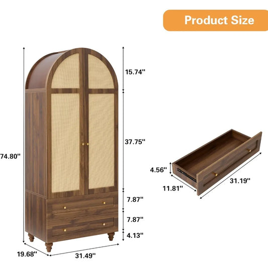 Arched Armoire Wardrobe, Closet with 2 Rattan Doors, Wooden Wardrobe, 2 Drawers, 76 "H, 3 color choices