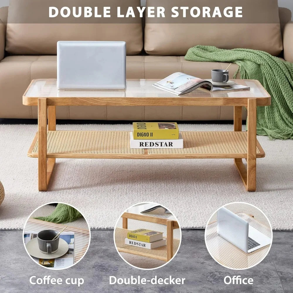 Rattan Coffee Table with Tempered Glass Top, Storage Shelf