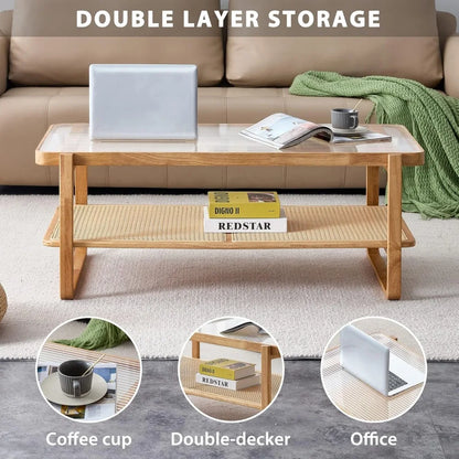 Rattan Coffee Table with Tempered Glass Top, Storage Shelf