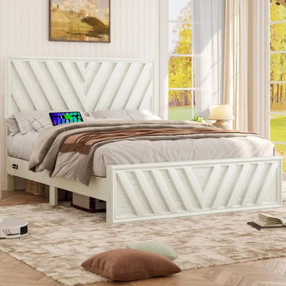 Queen or Full Bed with Adjustable Headboard, Farmhouse Platform Bed Wood with LED Light and Charging Station, 2 Color Choices