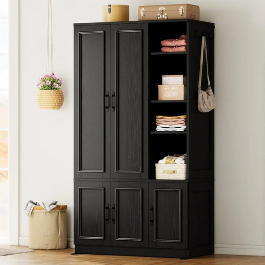 Armoire Wardrobe Closet 70" H, 5 Doors, Bedroom Wooden Wardrobe with 4 Storage Shelves and Hanging Rod, Black