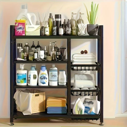Heavy-Duty 4-Tier Freestanding Shelf with 3 Baskets - Durable Carbon Steel, for Kitchen, Bathroom, Tool Organization