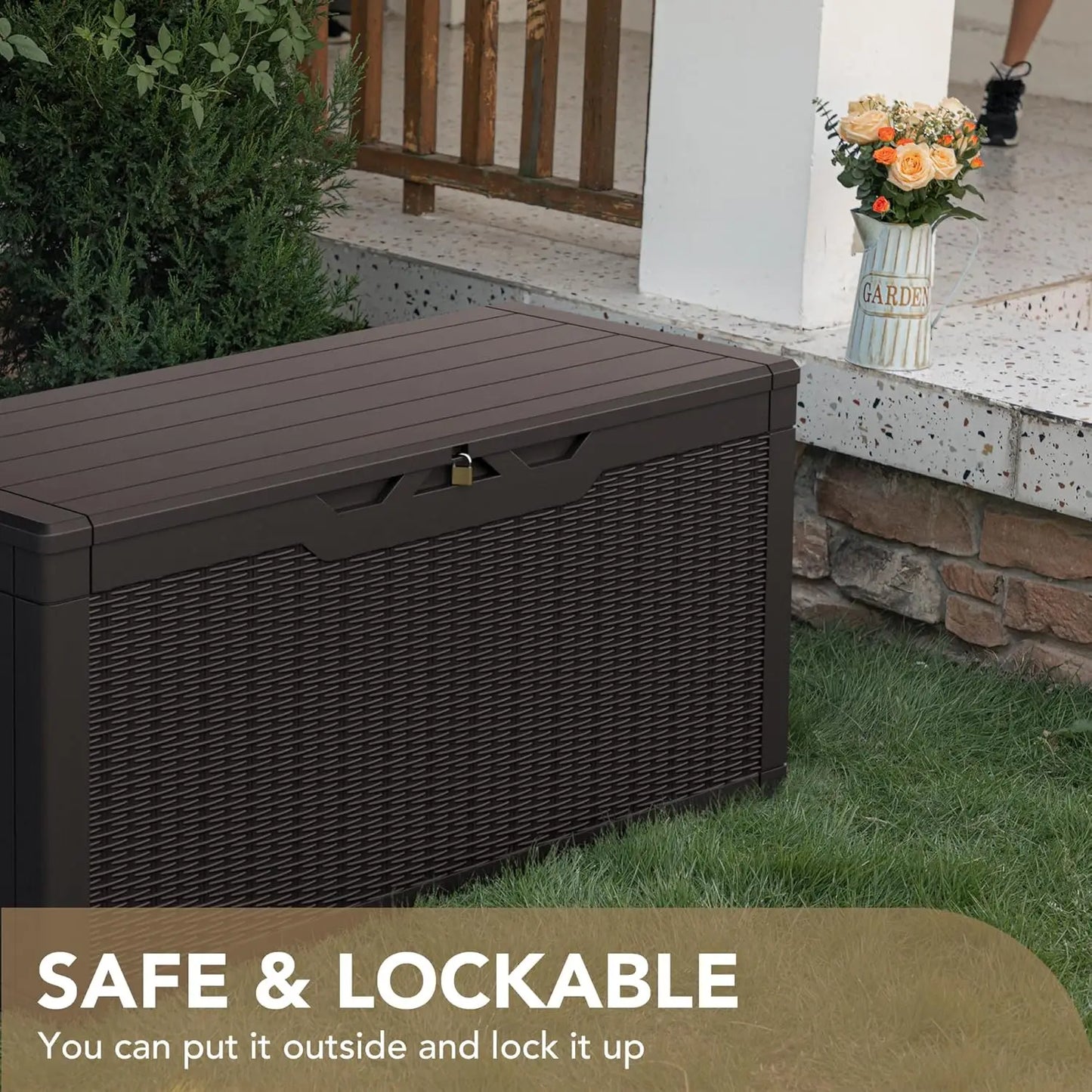 100 Gallon Waterproof Large Resin Deck Box ,Indoor Outdoor, Lockable Storage Container