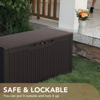 100 Gallon Waterproof Large Resin Deck Box ,Indoor Outdoor, Lockable Storage Container