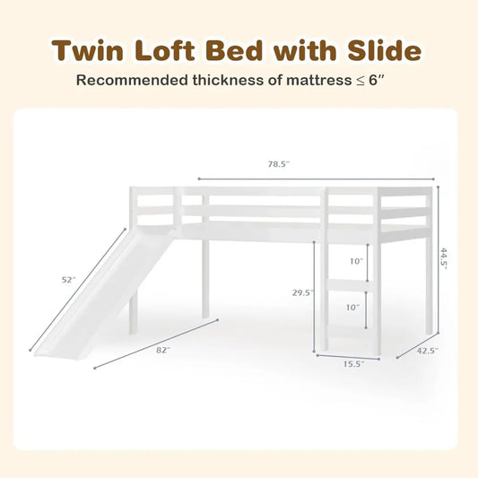 Wooden Twin Size Kids Loft Bed with Slide, Climbing Ladder, and Storage for Toddlers and Girls, White