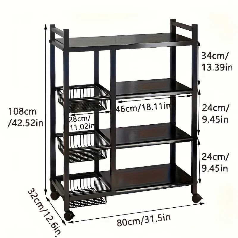 Heavy-Duty 4-Tier Freestanding Shelf with 3 Baskets - Durable Carbon Steel, for Kitchen, Bathroom, Tool Organization