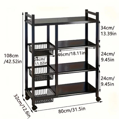 Heavy-Duty 4-Tier Freestanding Shelf with 3 Baskets - Durable Carbon Steel, for Kitchen, Bathroom, Tool Organization