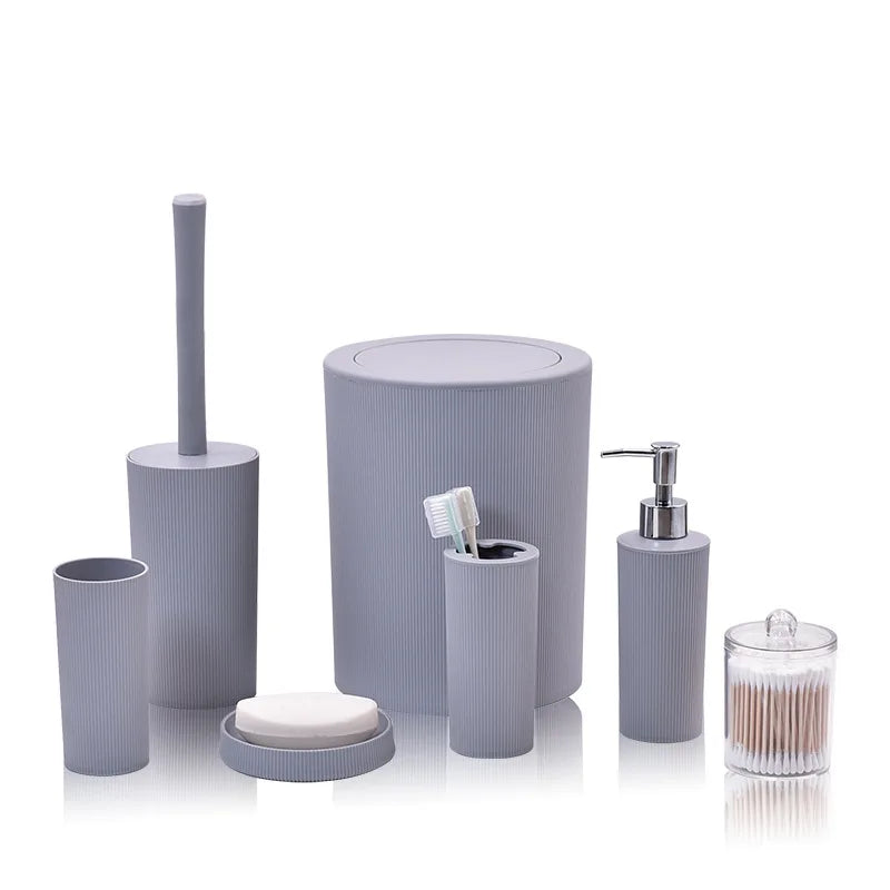 7pcs/set Modern Plastic Bathroom Accessories Set ,with Soap Dish, Toothbrush Holder, Dispenser, Toilet Brush, Trash can, Q-tip holder, Cup