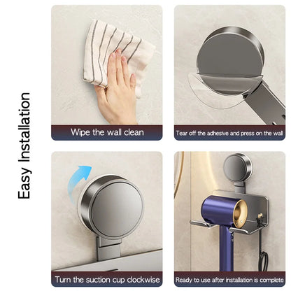 Suction Cup mounted Hair Dryer Holder, Wall Mounted Rack Suction Cup mount for Hairdryer, Stand Cradle, Hand Free Hanger, Bathroom Shelves