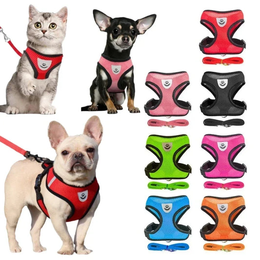 Dog/Cat Breathable and Comfortable Harness with Leash, Polyester, Adjustable Mesh Dog/Cat Harness -S, M.L, XL, 7 Color Selections