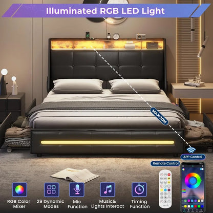 Full Black Platform Bed with Storage, LED Lights, USB Ports, 4 Drawers, Upholstered Headboard - Modern Style, No Box Spring