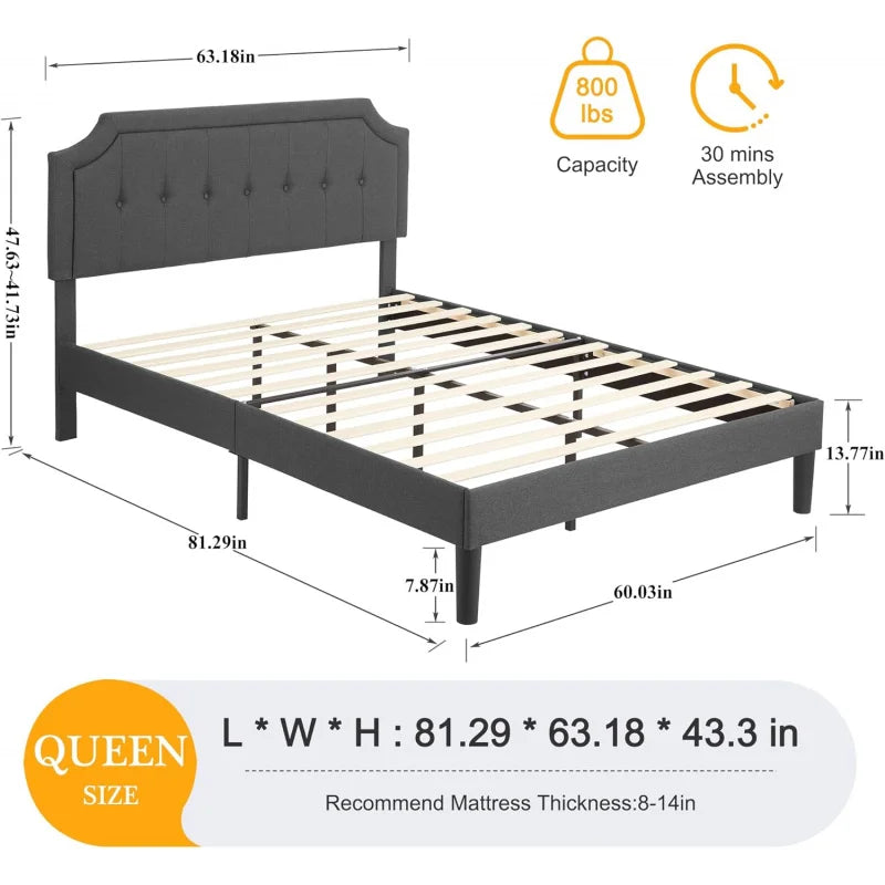 Queen, Full or Twin  Size Platform Bed Frame with Fabric Upholstered Headboard and Wooden Slats Support, No Box Spring Needed/Assembly,