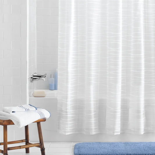 Waterproof PEVA Shower Curtain with Decorative Wave Design and 12 Durable C-Hooks, 70x72 Inches