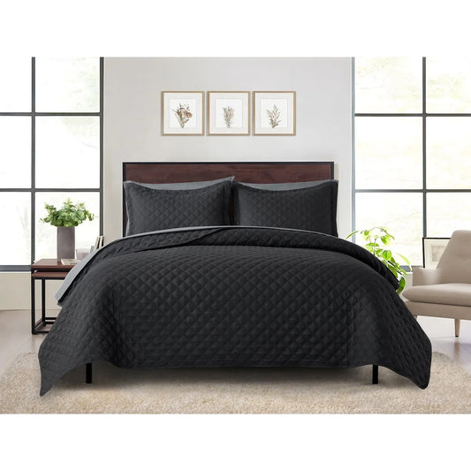 7 Piece King Reversible Quilt Set with Coordinated Sheets, Black